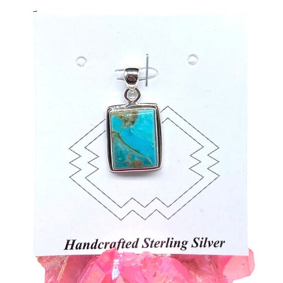 Hand Crafted Jewelry - Kingman Turquoise Necklace Pendant Solid 925 Sterling Silver Rectangle Western